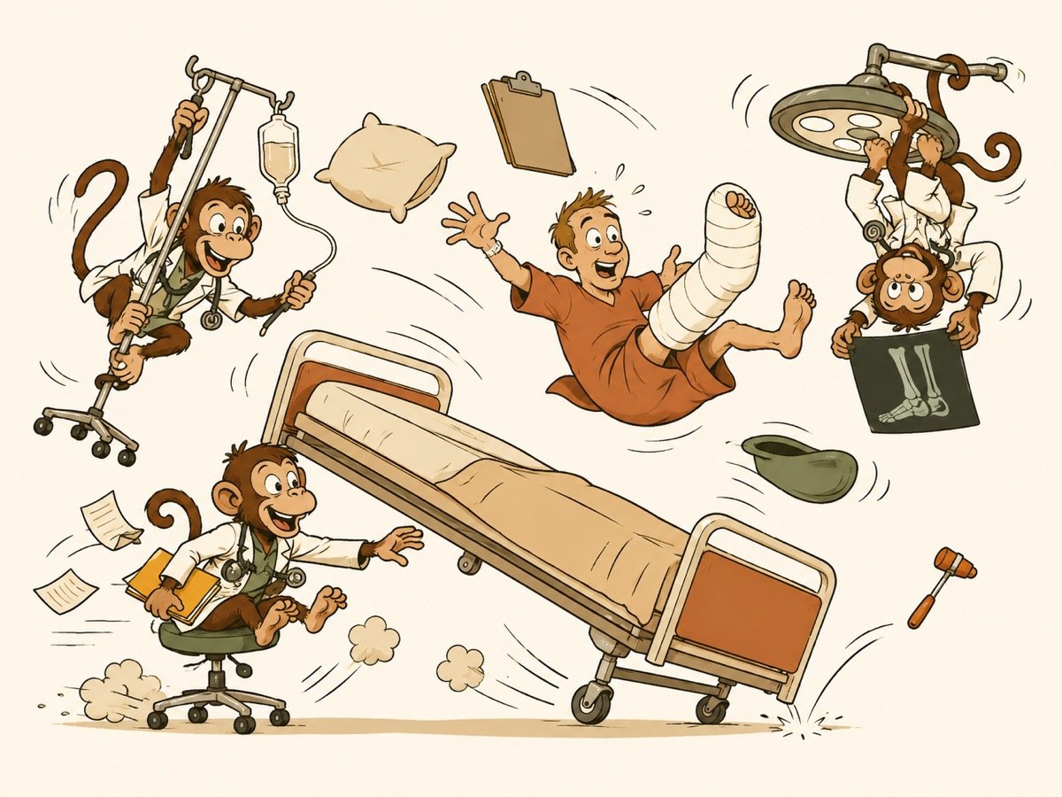 Cartoon: monkeys in lab coats tipping a patient in a leg cast out of a hospital bed