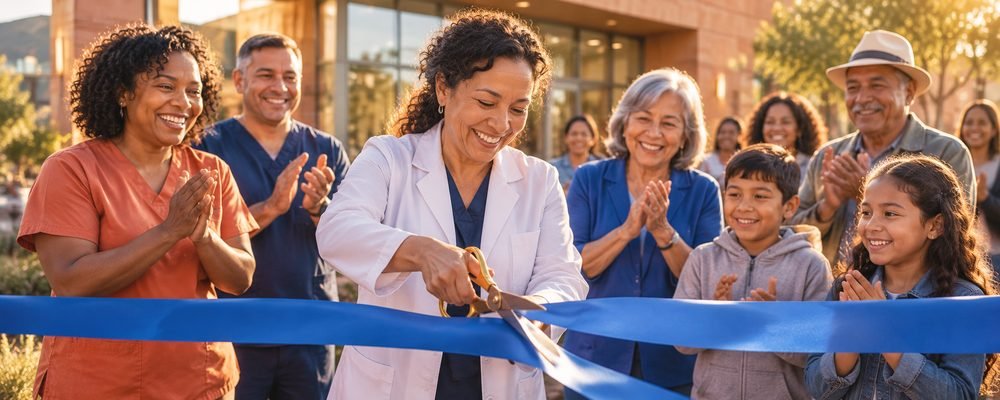 Staff and neighbors applauding at the Balboa Heights clinic ribbon-cutting