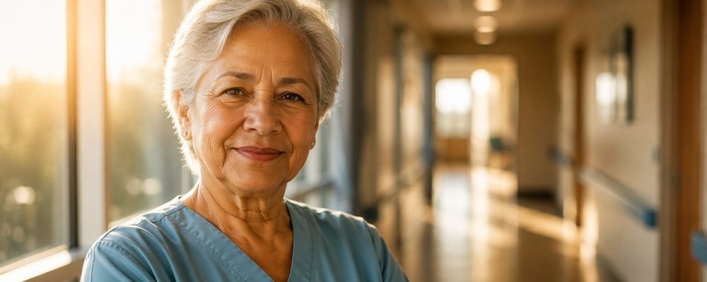 Portrait of a long-serving Winterfield nurse in a sunlit hospital corridor
